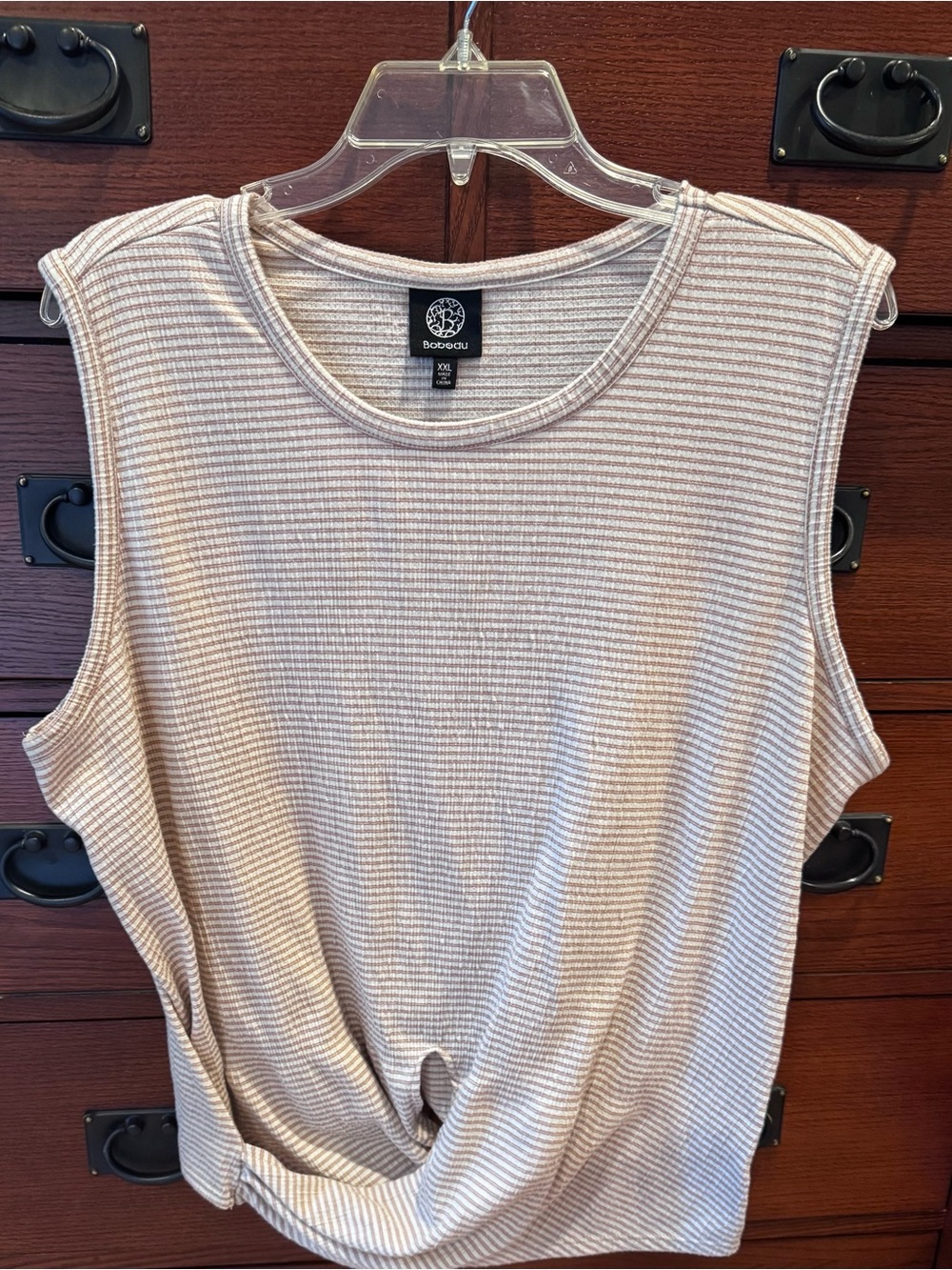 Boeeau Beige & Cream Striped Sleeveless Knot Front Tank